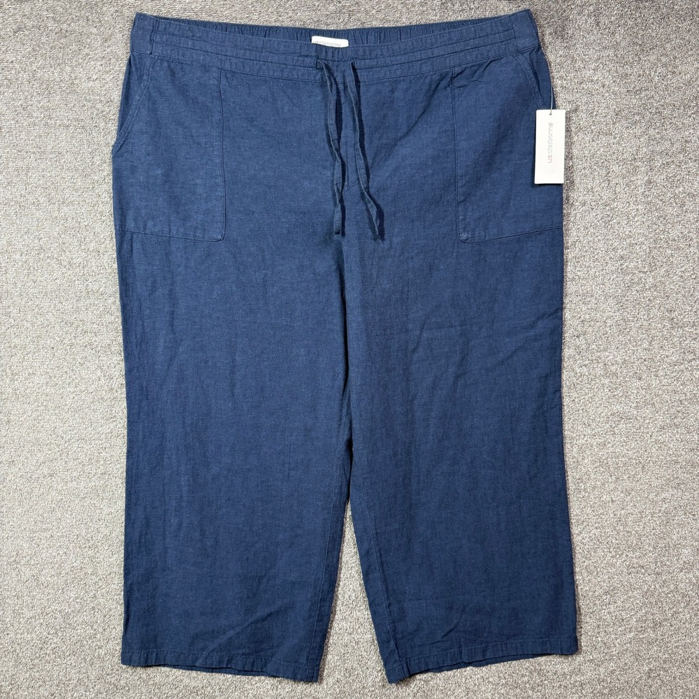 Liz Claiborne Pants Size XXL Indigo Blue Cotton Linen Blend Cropped Drawstring